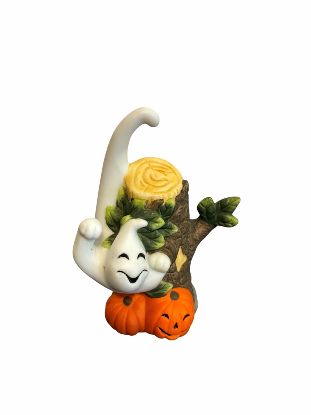 PartyLite Halloween Ghost Pumpkin Tree Stump Ceramic Candle Snuffer